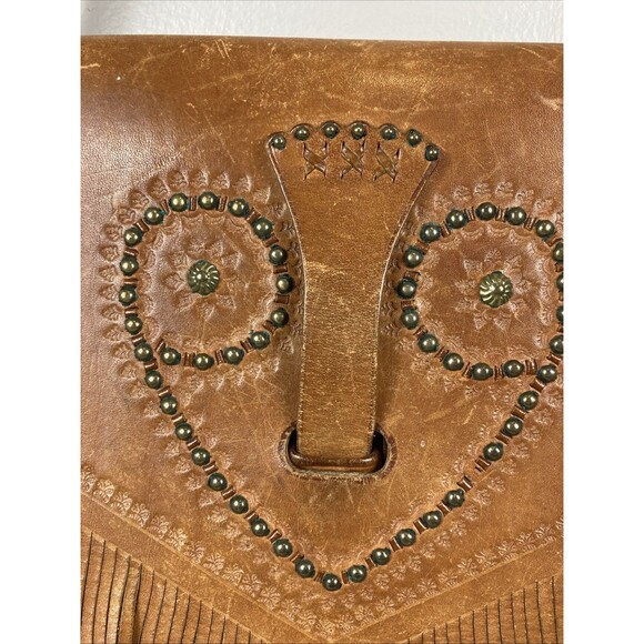 Vintage Leather Hand Tooled Handbag Crossbody Tan Fringe Hippie Boho Foldover - Picture 4 of 16